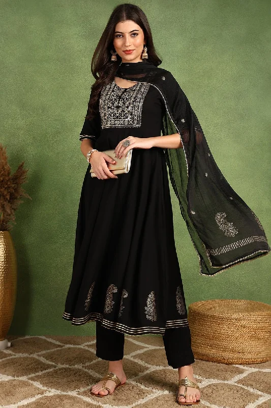 Ahika Black Silk Blend Anarkali Yoke Design Kurta Pant With Dupatta Classic Pleated Pants Ahika Black Silk Blend Anarkali Yoke Design Kurta Pant With Dupatta Classic Pleated Pants