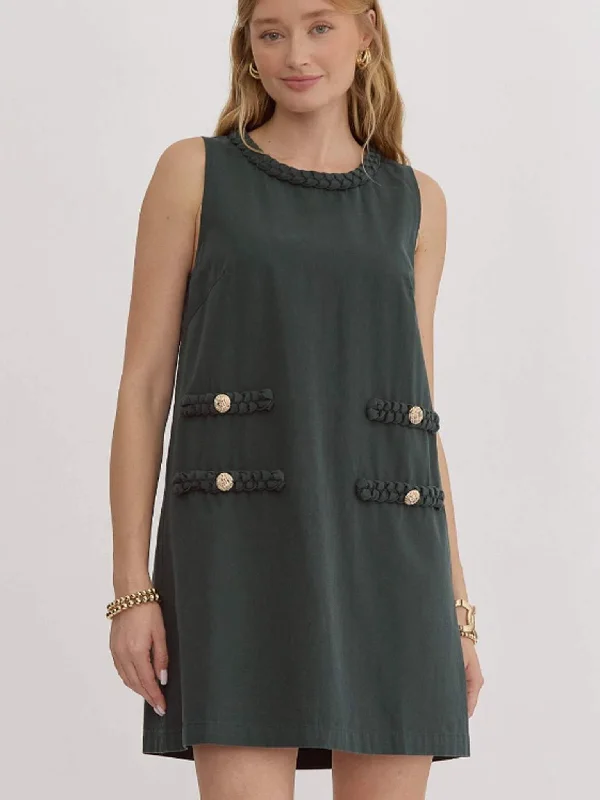 Hunter Green Denim Braid and Gold Detail Dress Tunics Distressed trendy
