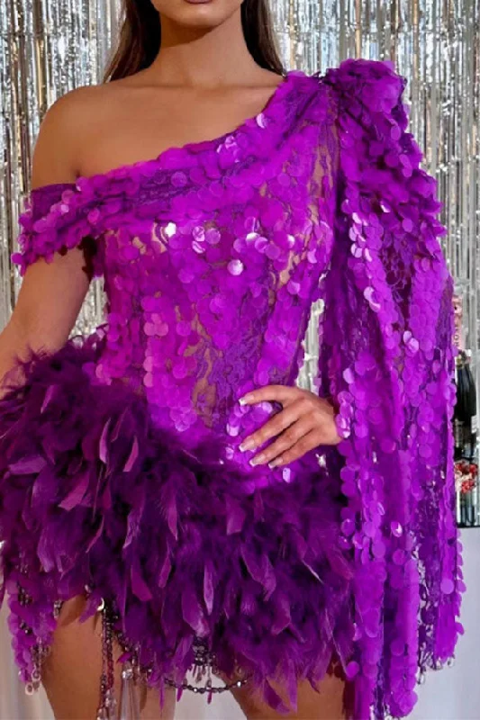 Sequined Sparkly Feather Hem Mini Dress Comfortable One-Shoulder Mini Dress