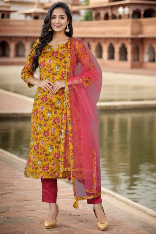 Ahika Mustard Rayon Blend Floral Straight Kurta Pant With Dupatta Stylish Harem Pants Ahika Mustard Rayon Blend Floral Straight Kurta Pant With Dupatta Stylish Harem Pants