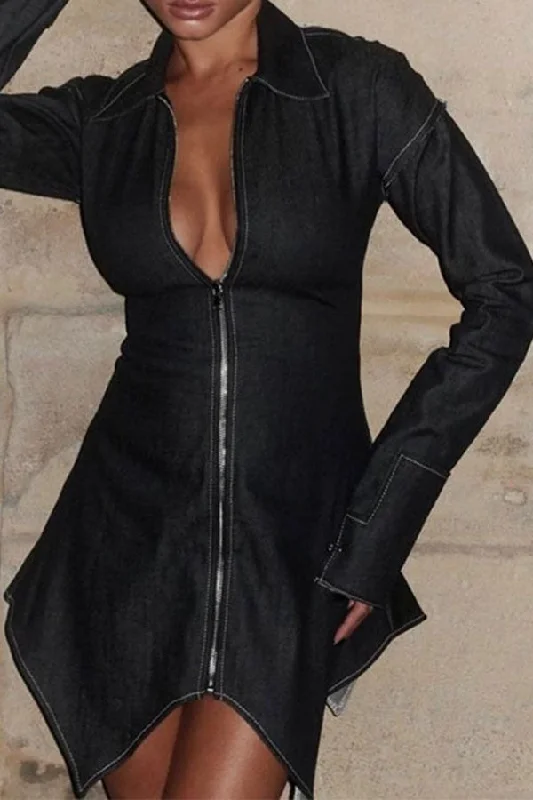 Black Zipper Whimsical Irregular Denim Mini Dress Trendy A-Line Mini Dress