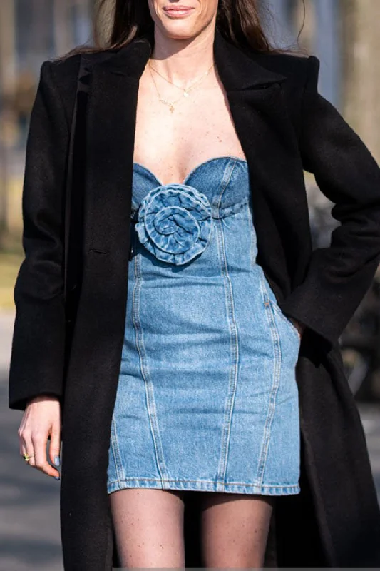 Patchwork Flower Unique Swing Denim Mini Dress Trendy Crossover Mini Dress