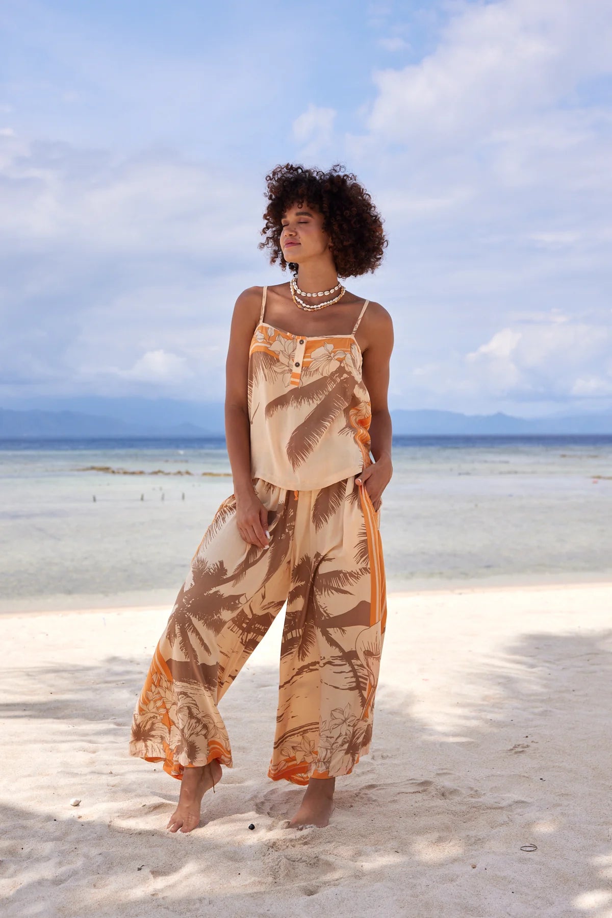 Beige & Orange Print Pants Comfortable Maternity Pants