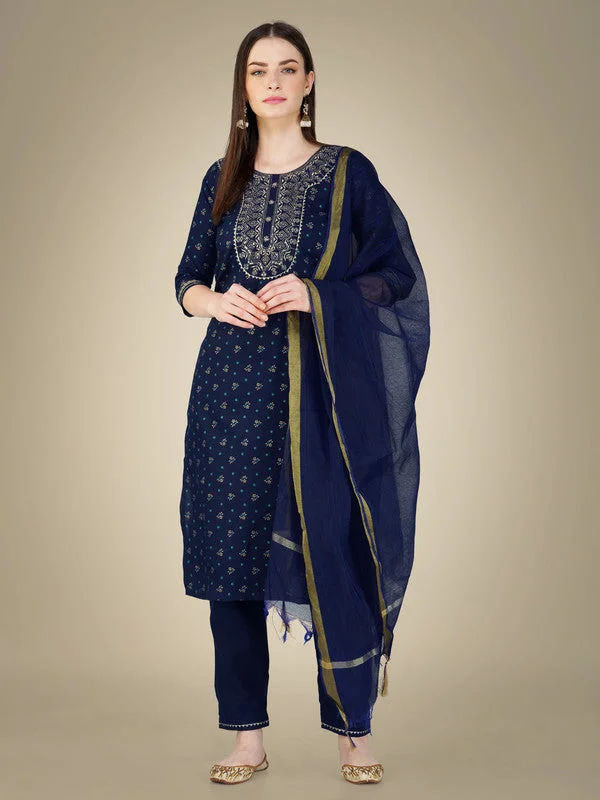 NOZ2TOZ Women Embroidered Cotton Blend Kurta Pant Dupatta Set - Dark Blue Chic Slim Fit Pants NOZ2TOZ Women Embroidered Cotton Blend Kurta Pant Dupatta Set - Dark Blue Chic Slim Fit Pants