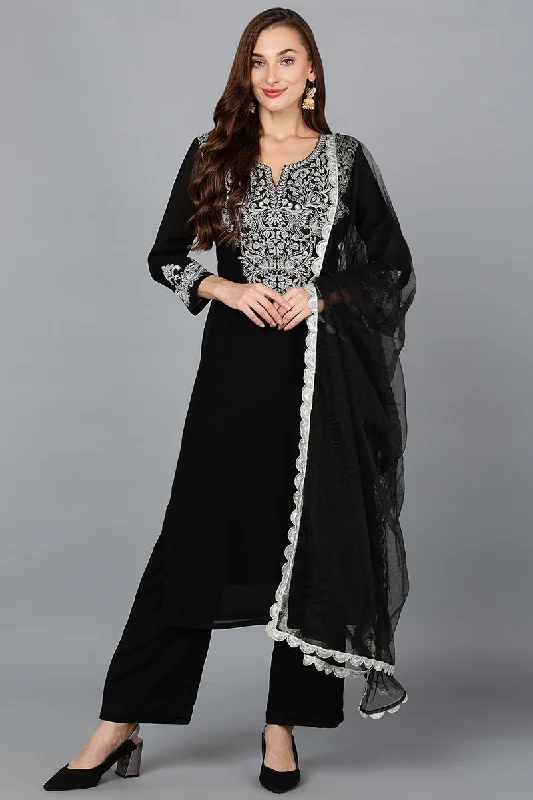 Ahika Black Silk Blend Straight Kurta Pant With Dupatta Comfortable Denim Leggings