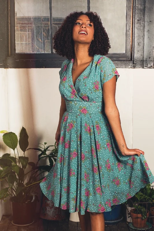 Posy Teal Floral & Dots Dress Elegant Long Evening