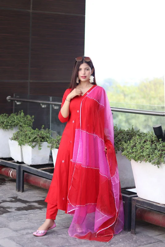 NOZ2TOZ Women's Viscose Embroidered Angarkha Kurta Pant With Dupatta - Red Casual Skinny Fit Pants NOZ2TOZ Women's Viscose Embroidered Angarkha Kurta Pant With Dupatta - Red Casual Skinny Fit Pants