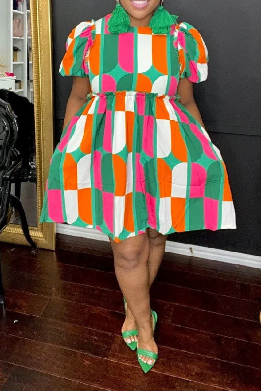 Graphic Print Colorful Ruffle Trim Mini Dress Classic Shift Mini Dress