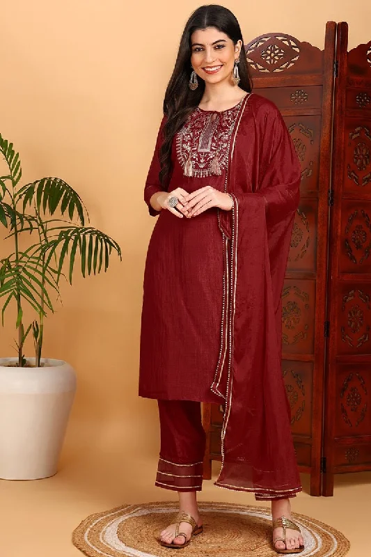 Ahika Red Silk Blend Embroidered Kurta Pant With Dupatta Formal Wide-Leg Pants