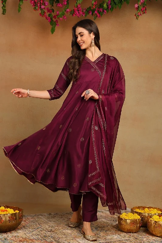 Ahika Burgundy Silk Blend Anarkali Woven Design Kurta Pant With Dupatta Soft Stretch Trousers Ahika Burgundy Silk Blend Anarkali Woven Design Kurta Pant With Dupatta Soft Stretch Trousers