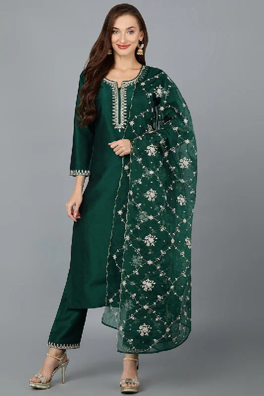Ahika Green Silk Blend Straight Kurta Pant With Dupatta Comfortable Jogger Trousers