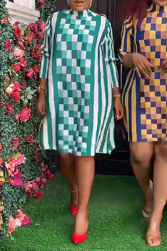 Checked Patchwork African Pleated Mini Dress Trendy A-Line Mini Dress