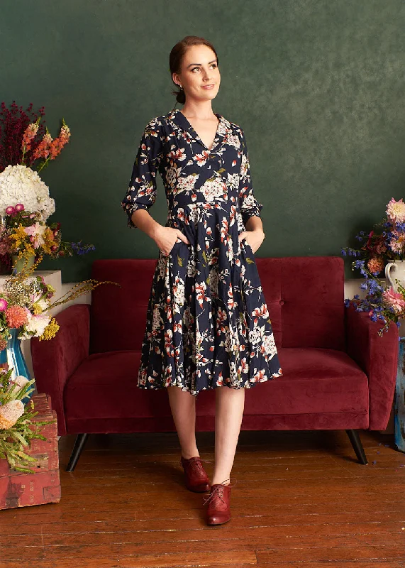Lavender Navy & Cream Floral 3/4 Sleeve Dress Tunics Luxurious high-end