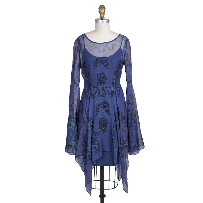 1970s Blue Silk Floral Print Peasant Dress Tunics Stylish modern