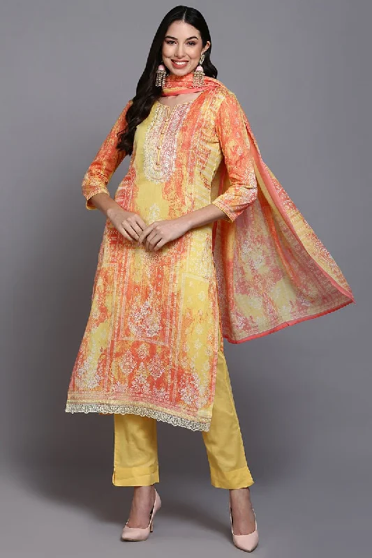 Ahika Cotton Yellow Printed Straight Kurta Pant With Dupatta Classic Flared Pants