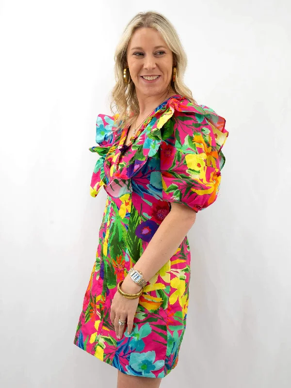 Hot Pink Tropical Dramatic Sleeve Dress Tunics Floral girly