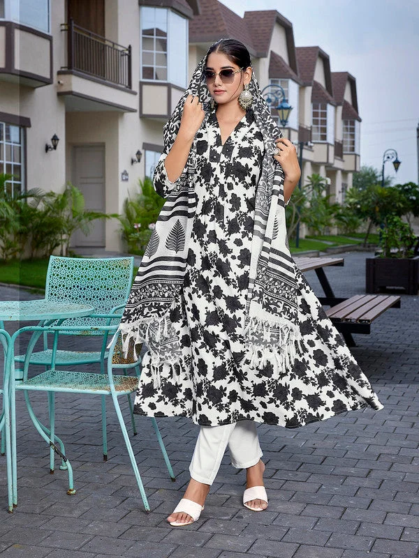 NOZ2TOZ Women's Viscose Printed Flared Kurta Pant With Dupatta - Black & White Casual Skinny Fit Pants NOZ2TOZ Women's Viscose Printed Flared Kurta Pant With Dupatta - Black & White Casual Skinny Fit Pants