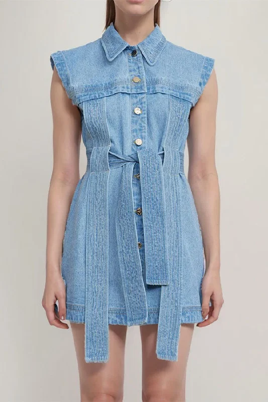 Washed Denim Stylish Ribbons Belted Mini Dress Elegant Vintage Mini Dress