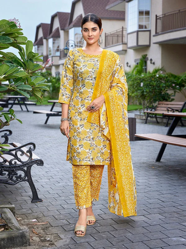 NOZ2TOZ Women's Cotton Blend Printed Straight Kurta Pant With Dupatta - Yellow Stretch Fit Pants NOZ2TOZ Women's Cotton Blend Printed Straight Kurta Pant With Dupatta - Yellow Stretch Fit Pants