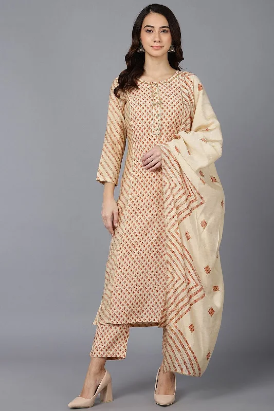 Ahika Cream Poly Silk Straight kurta Pant With Dupatta Casual Wide Pants