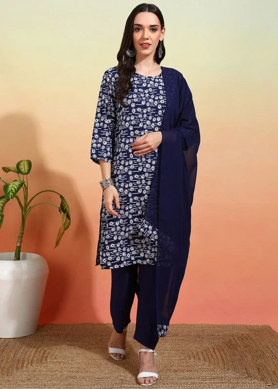 NOZ2TOZ Women's Crepe Printed Straight Kurta Pant With Dupatta - Navy Blue Elegant Wool Trousers NOZ2TOZ Women's Crepe Printed Straight Kurta Pant With Dupatta - Navy Blue Elegant Wool Trousers
