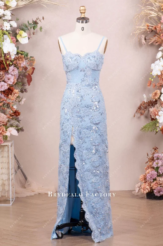 Sky Blue Thin Straps Scalloped Sequined Lace Slit Evening Dress Tunics Satin smooth