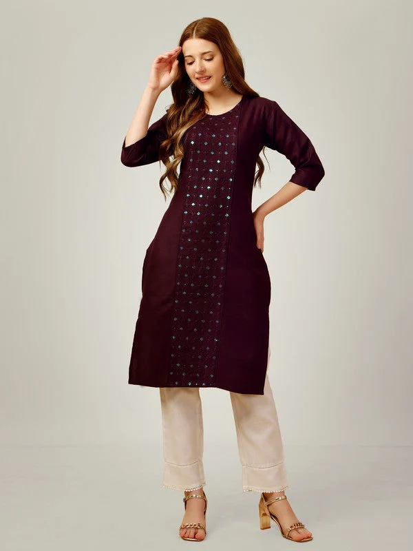 NOZ2TOZ Women Embroidered Cotton Blend Kurta Pant Set - Purple Modern Bootcut Pants