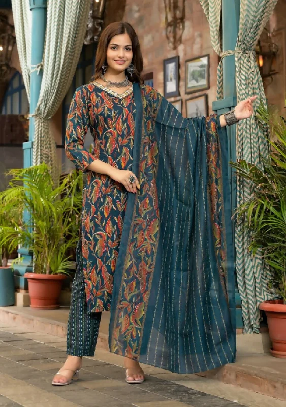 Indian Fashion Women's Blue Embroidery Viscose Rayon Kurta, Pant And Dupatta Set High-Waist Trousers Indian Fashion Women's Blue Embroidery Viscose Rayon Kurta, Pant And Dupatta Set High-Waist Trousers