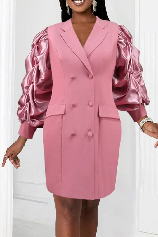 Patchwork Puff Sleeve Unique Notched Lapel Mini Dress Trendy Tulle Mini Dress