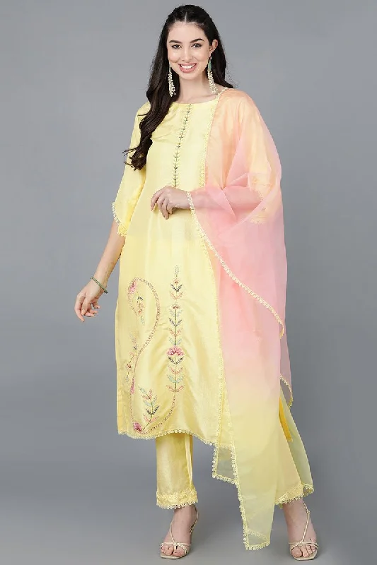 Ahika Yellow Poly Silk Straight Kurta Pant With Dupatta High-Waist Yoga Pants