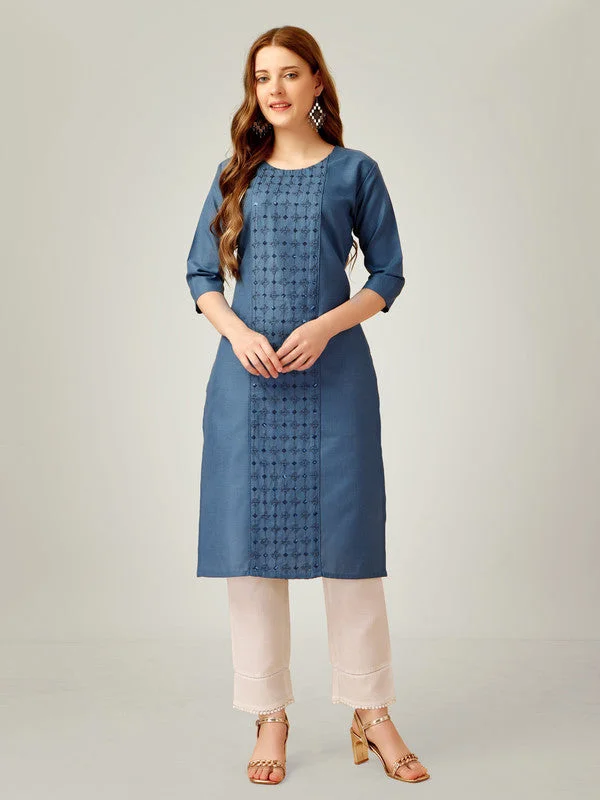 NOZ2TOZ Women Embroidered Cotton Blend Kurta Pant Set - Light Blue Cozy Lounge Pants NOZ2TOZ Women Embroidered Cotton Blend Kurta Pant Set - Light Blue Cozy Lounge Pants