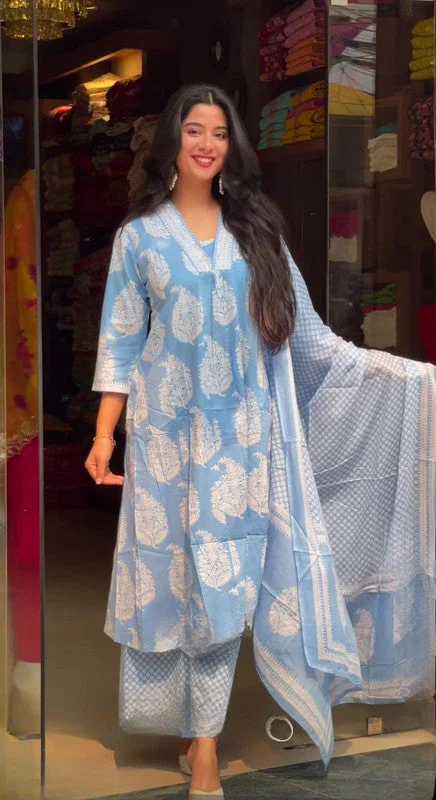 NOZ2TOZ Women's Viscose Printed Straight Kurta Pant With Dupatta - Sky Blue Formal Linen Trousers NOZ2TOZ Women's Viscose Printed Straight Kurta Pant With Dupatta - Sky Blue Formal Linen Trousers