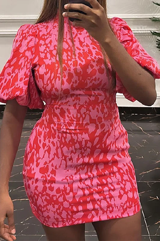 Abstract Print Puff Sleeve Stunning Bodycon Mini Dress Trendy Crossover Mini Dress