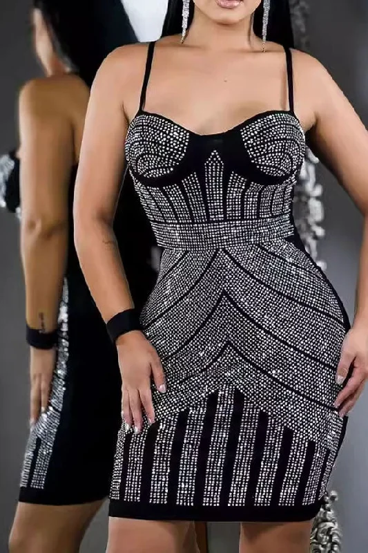 Rhinestone Simple Spaghetti Strap Bodycon Mini Dress Cozy Ruched Mini Dress