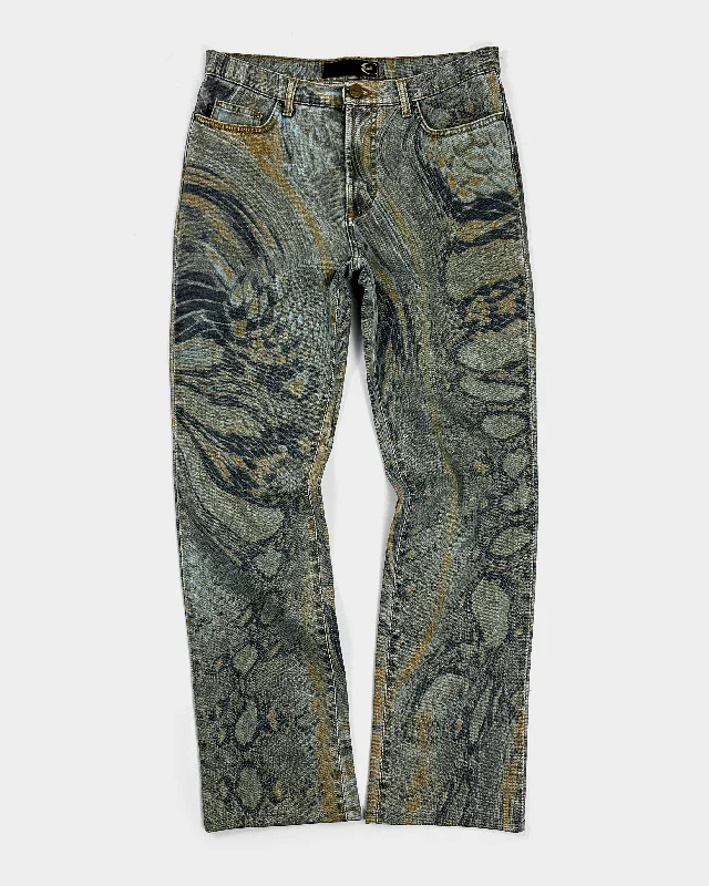 Roberto Cavalli Reptile Print Blue Denim Pants 2000's Soft Sweatpants Style