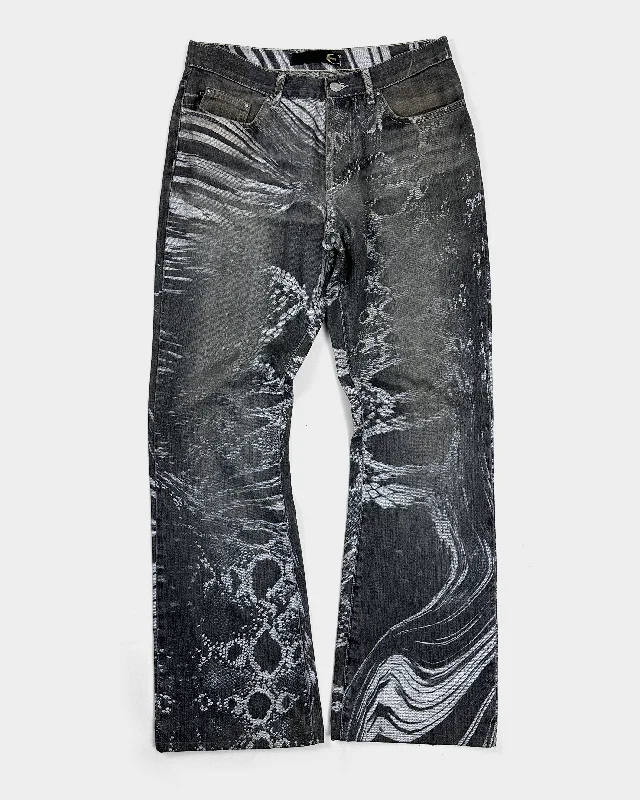 Roberto Cavalli Reptile Print Grey Denim Pants 2000's Warm Wool Trousers