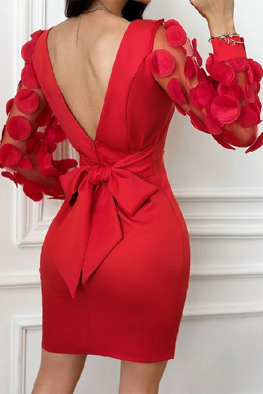 3D Rounded Leaf Decor Modern V-Back Bow Tie Mini Dress Classic White Mini Dress