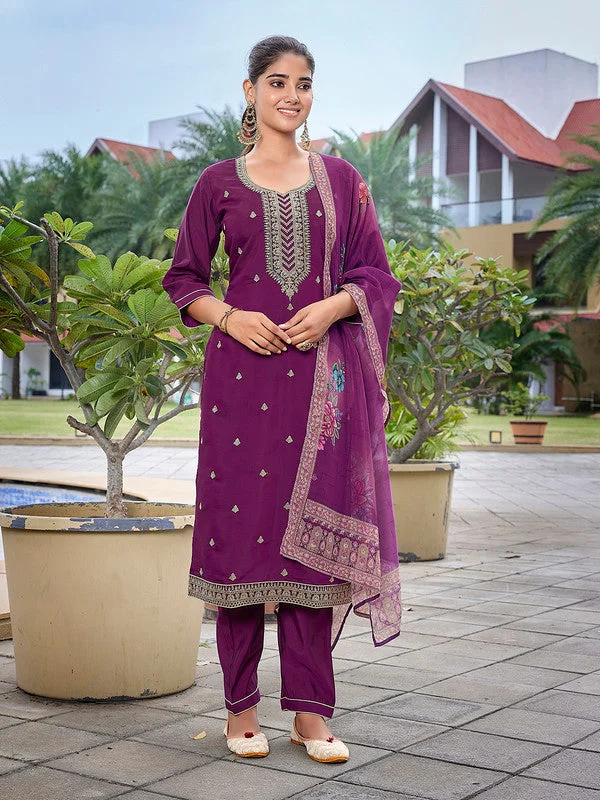 NOZ2TOZ Women's Viscose Chanderi Embroidered Straight Kurta Pant With Dupatta - Purple Sleek Black Pants NOZ2TOZ Women's Viscose Chanderi Embroidered Straight Kurta Pant With Dupatta - Purple Sleek Black Pants
