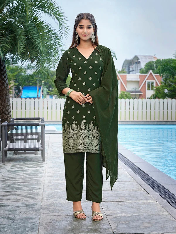 NOZ2TOZ Women's Crepe Printed Straight Kurta Pant With Dupatta - Mehndi Green High-Waist Yoga Pants NOZ2TOZ Women's Crepe Printed Straight Kurta Pant With Dupatta - Mehndi Green High-Waist Yoga Pants