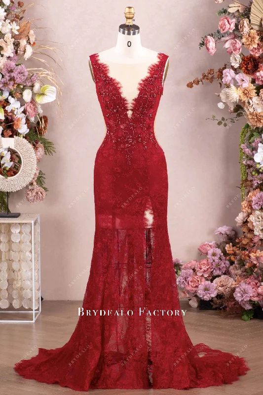 Alluring Burgundy Beaded Lace Scalloped Plunging Prom Dress Tunics Lace romantic