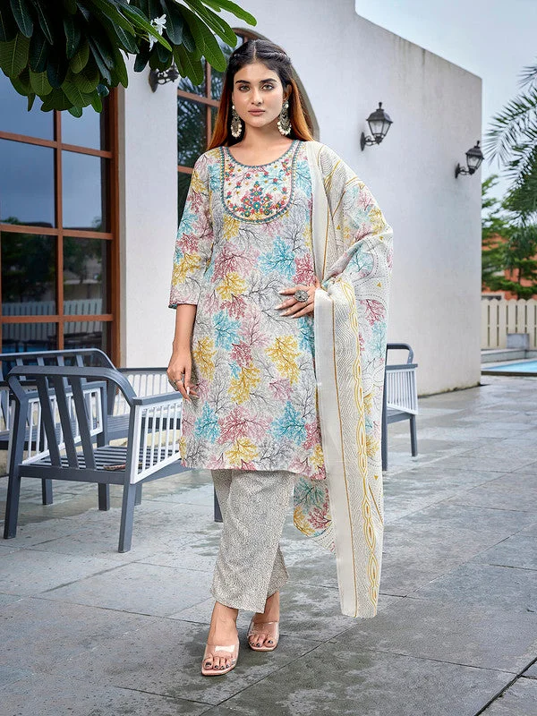 NOZ2TOZ Women's Cotton Blend Embroidered Straight Kurta Pant With Dupatta - Multicolor Casual Wide Pants NOZ2TOZ Women's Cotton Blend Embroidered Straight Kurta Pant With Dupatta - Multicolor Casual Wide Pants