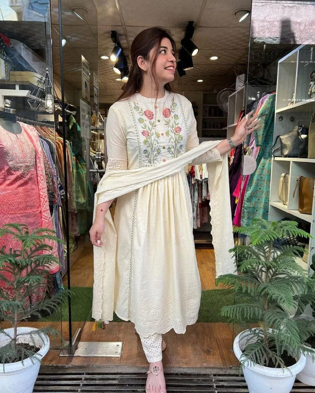 NOZ2TOZ Women's Cotton Embroidered Flared Kurta Pant With Dupatta - Beige Slim-Fit Khaki Pants NOZ2TOZ Women's Cotton Embroidered Flared Kurta Pant With Dupatta - Beige Slim-Fit Khaki Pants