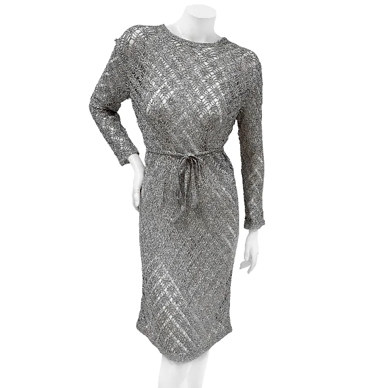 Vintage Long Sleeve Silver Crocheted Dress Tunics Versatile stylish