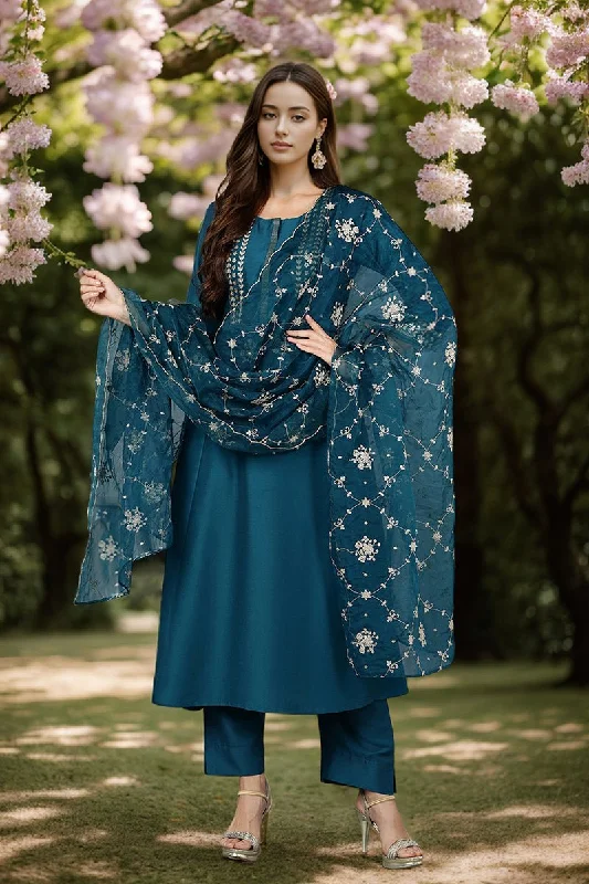 Ahika Turquoise Blue Silk Blend Straight Kurta Pant With Dupatta Chic Slim Fit Pants Ahika Turquoise Blue Silk Blend Straight Kurta Pant With Dupatta Chic Slim Fit Pants