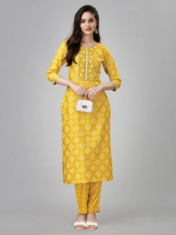 NOZ2TOZ Women Embroidered Rayon Kurta Pant Set - Yellow Casual Yoga Pants