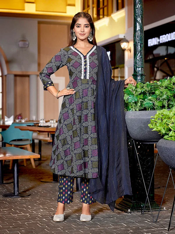 NOZ2TOZ Women's Cotton Blend Printed Anarkali Kurta Pant With Dupatta - Navy Blue & White Soft Cotton Pants NOZ2TOZ Women's Cotton Blend Printed Anarkali Kurta Pant With Dupatta - Navy Blue & White Soft Cotton Pants
