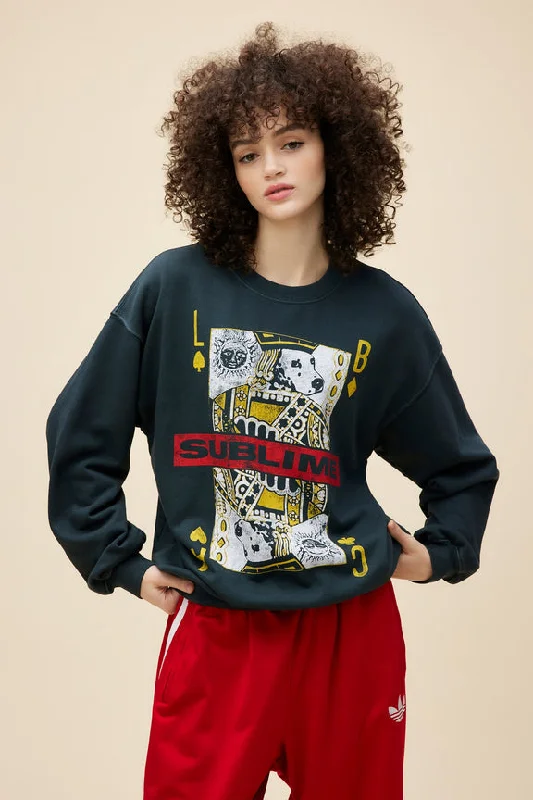 Sublime Playing Card Graphic Sweatshirt in Vintage Black Hoodie with Hem Raw Edge Edgy Unfinished