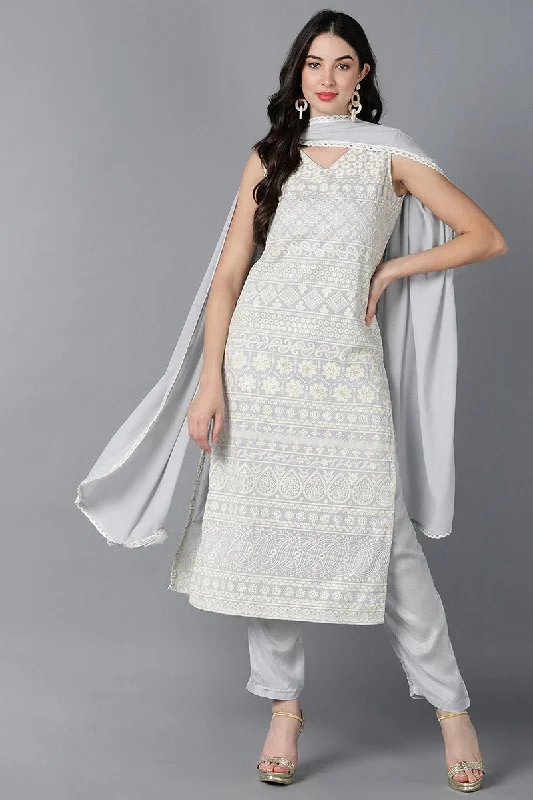 Ahika Grey Poly Georgette Straight Kurta Pant With Dupatta Set Stylish Elastic Waist Pants