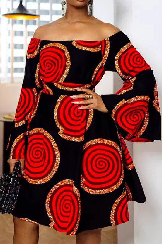 Graphic Print Off Shoulder Stunning Lace-Up Mini Dress Cozy Cowl Neck Mini Dress