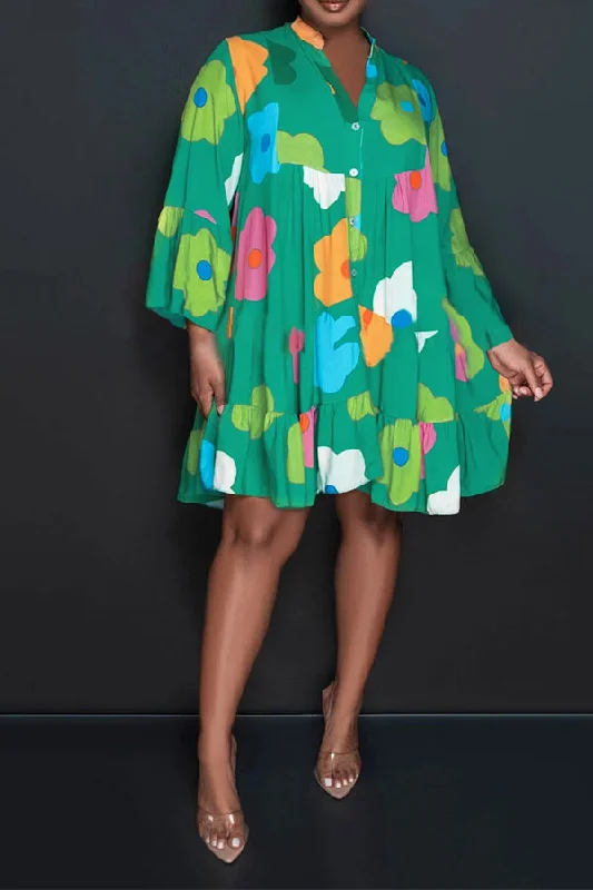 Floral Print Casual Button Thru Tiered Mini Dress Fashionable Boho-Chic Mini Dress
